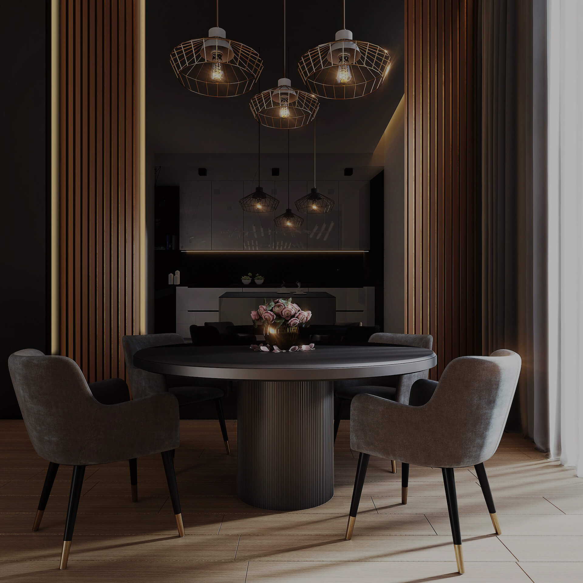 Luxury dark dining room with pendant lights and marble table – ovele